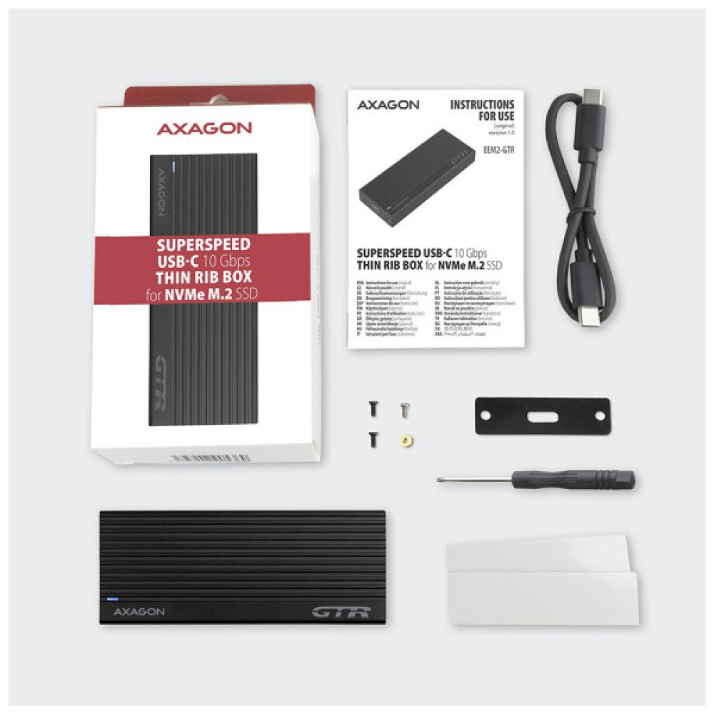 Кишеня зовнішня AXAGON USB-C 3.2 Gen 2 metal box for M.2 NVMe SSD THIN RIB (EEM2-GTR)