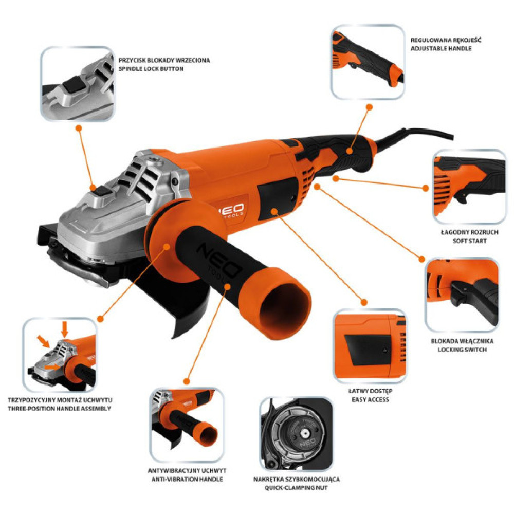 Шліфмашина кутова Neo Tools 230мм 3000Вт 6600об·хв 5.6кг