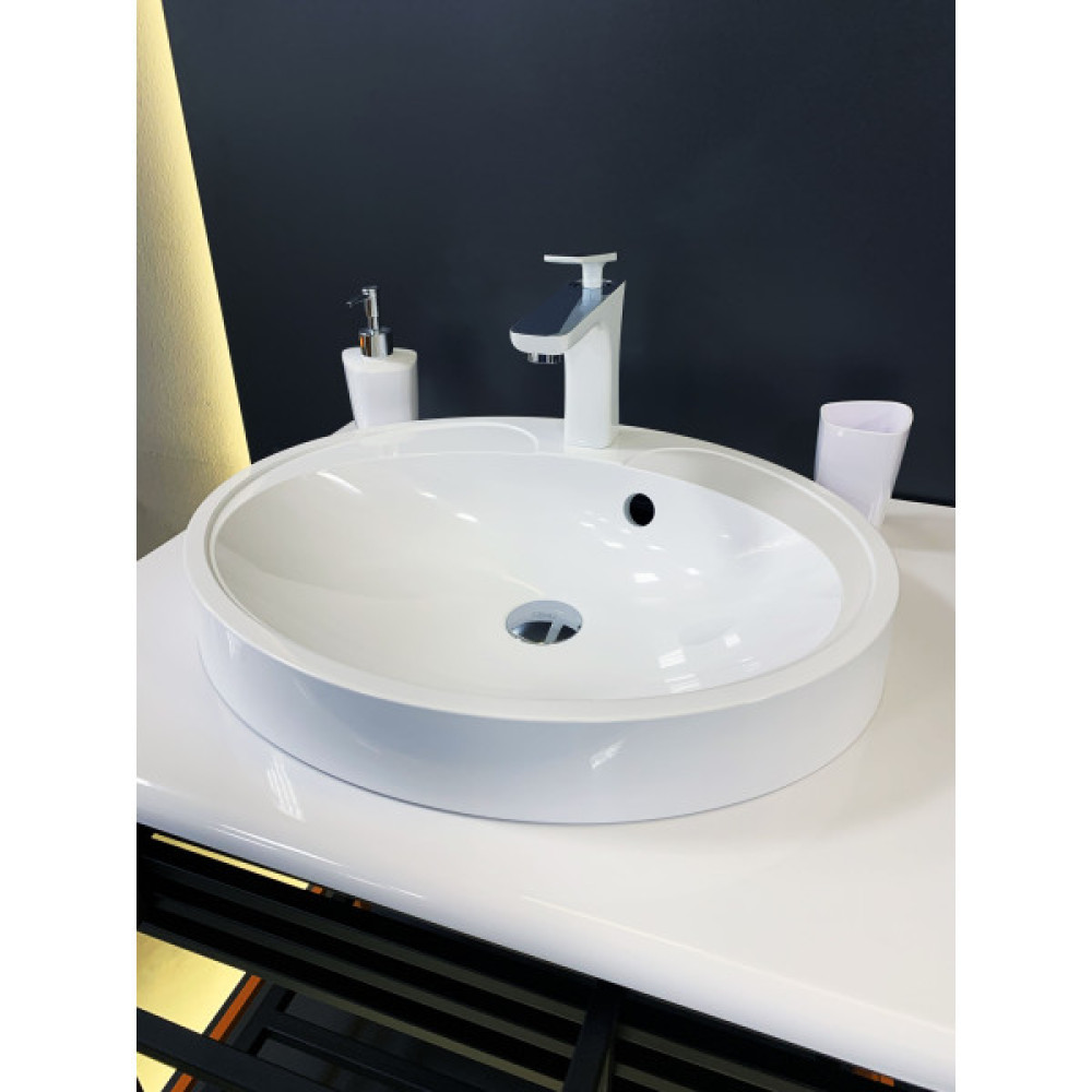 Раковина, умивальник Adamant Lauf New, штучний камінь, овальна, без отвору для змішувача, з отвором для переливу, 540х445х130мм, накладний, білий