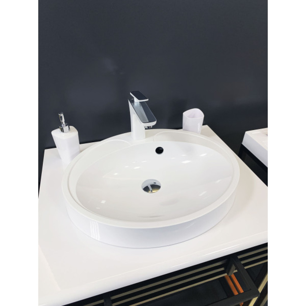 Раковина, умивальник Adamant Lauf New, штучний камінь, овальна, без отвору для змішувача, з отвором для переливу, 540х445х130мм, накладний, білий