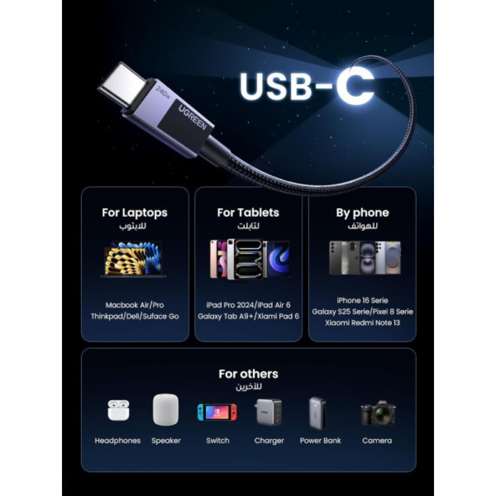 Дата кабель USB-C to USB-C 2.0m PD3.1 240W 480Mbps braided black Ugreen (75732)
