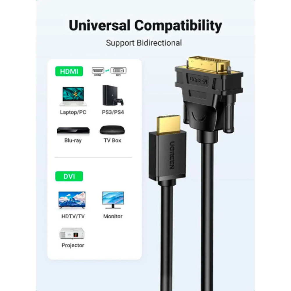 Кабель мультимедійний HDMI M to DVI M 1.5m HD106 black Ugreen (11150) Кабель мультимедійний HDMI M to DVI M 1.5m HD106 black Ugreen (11150)