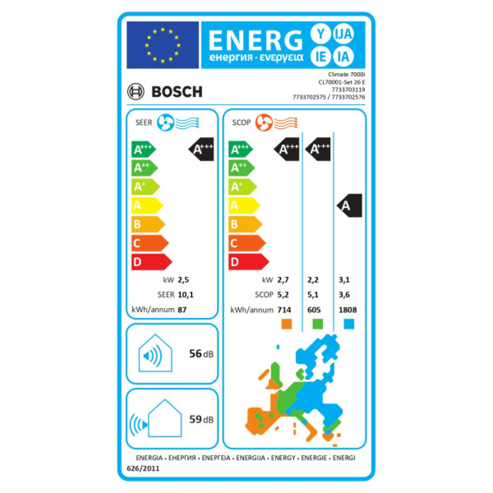 Кондиціонер Bosch Climate 7000i 25м2 інвертор 9000BTU 2.6кВт A+++/A+++ -30°С Wi-Fi R32 білий