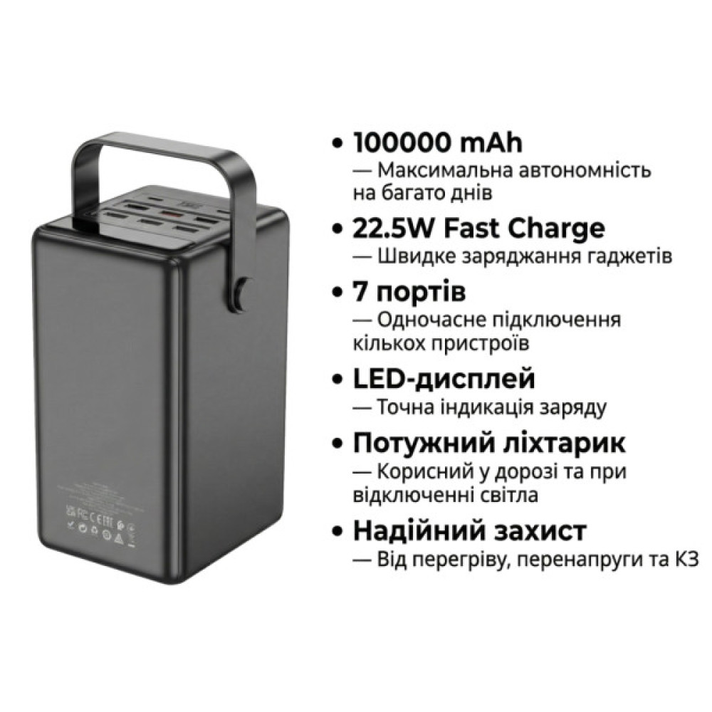 Батарея універсальна HOCO 100000mAh Endure 22.5W PD, QC, LED Lamp, Black (DB03 / 714721)