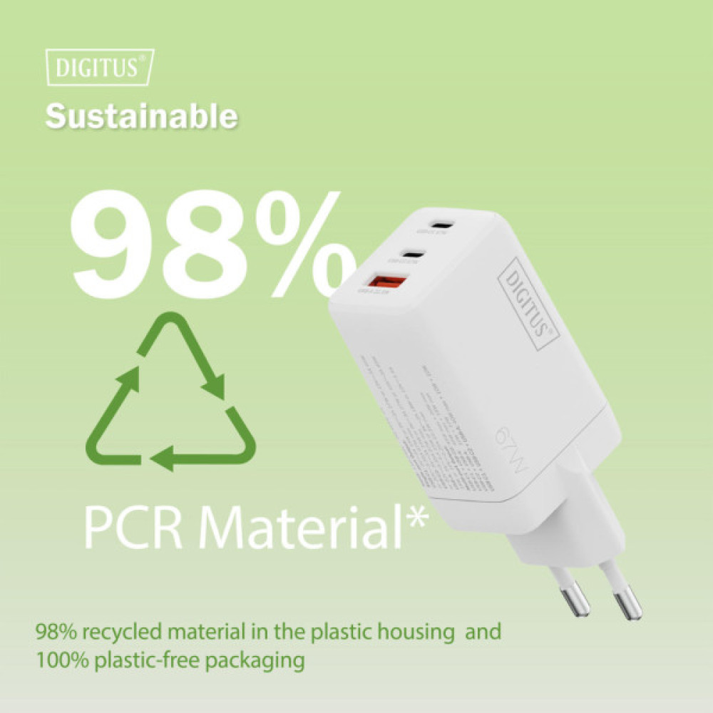 Зарядний пристрій Digitus 2xUSB-C + 1xUSB 67W GaN (DA-10303)