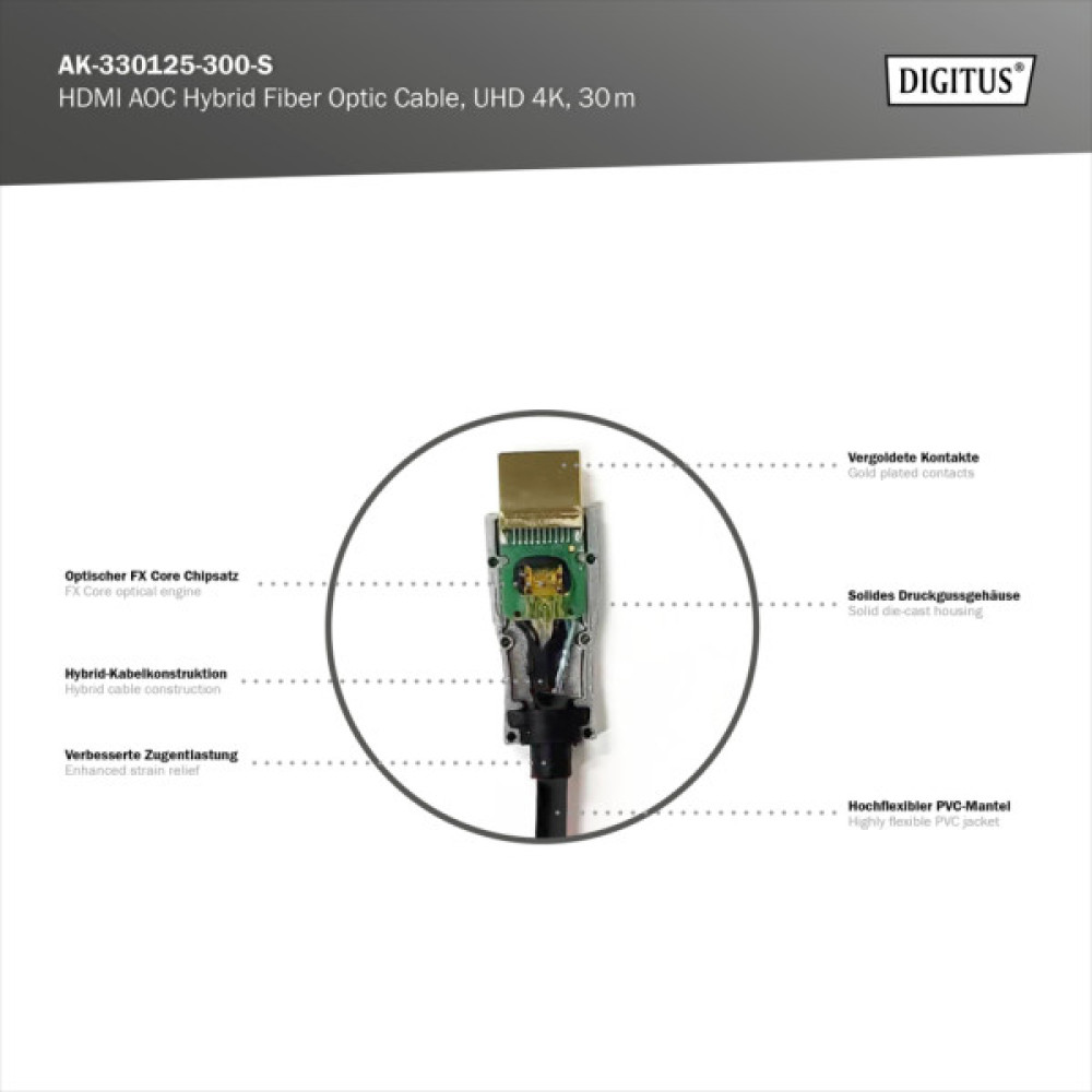 Кабель мультимедійний HDMI M to HDMI M 30m 4K AOC hybrid-fiber black Digitus (AK-330125-300-S)