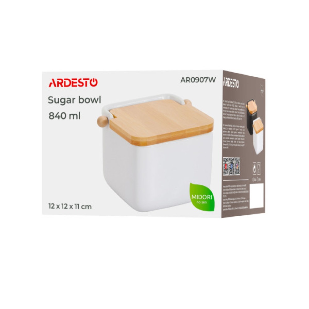 Цукорниця ARDESTO Midori 12х12х11см, 840мл, кераміка, бамбук, біла (AR0907W)