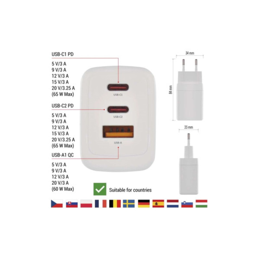 Зарядний пристрій EMOS V05G65 1xUSB-A + 2xUSB-C PD65W GaN (V05G65)