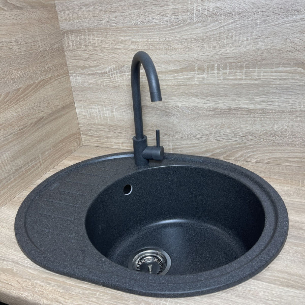 Набір кухонний Adamant Ovum, штучний камінь, овальна, з крилом, 615х495х200мм, чаша - 1, врізна, графіт + змішувач та дозатор