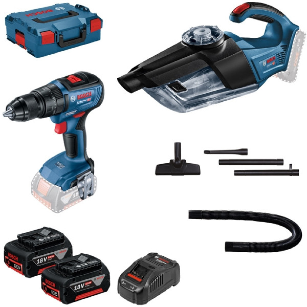 Набір із двох акумуляторних інструментів Bosch Professional 18В дриль-шурупокрут GSR 18V-50 пилосмок GAS 18V-1 швидкий зарядний пристрій GAL 1880 CV акб 2х5А·год кейс L-BOXX