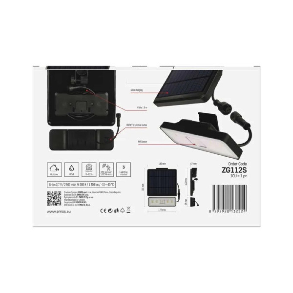 Прожектор EMOS сонячний світлодіодний 1300 лм IP54 4000K PIR (ZG112S)