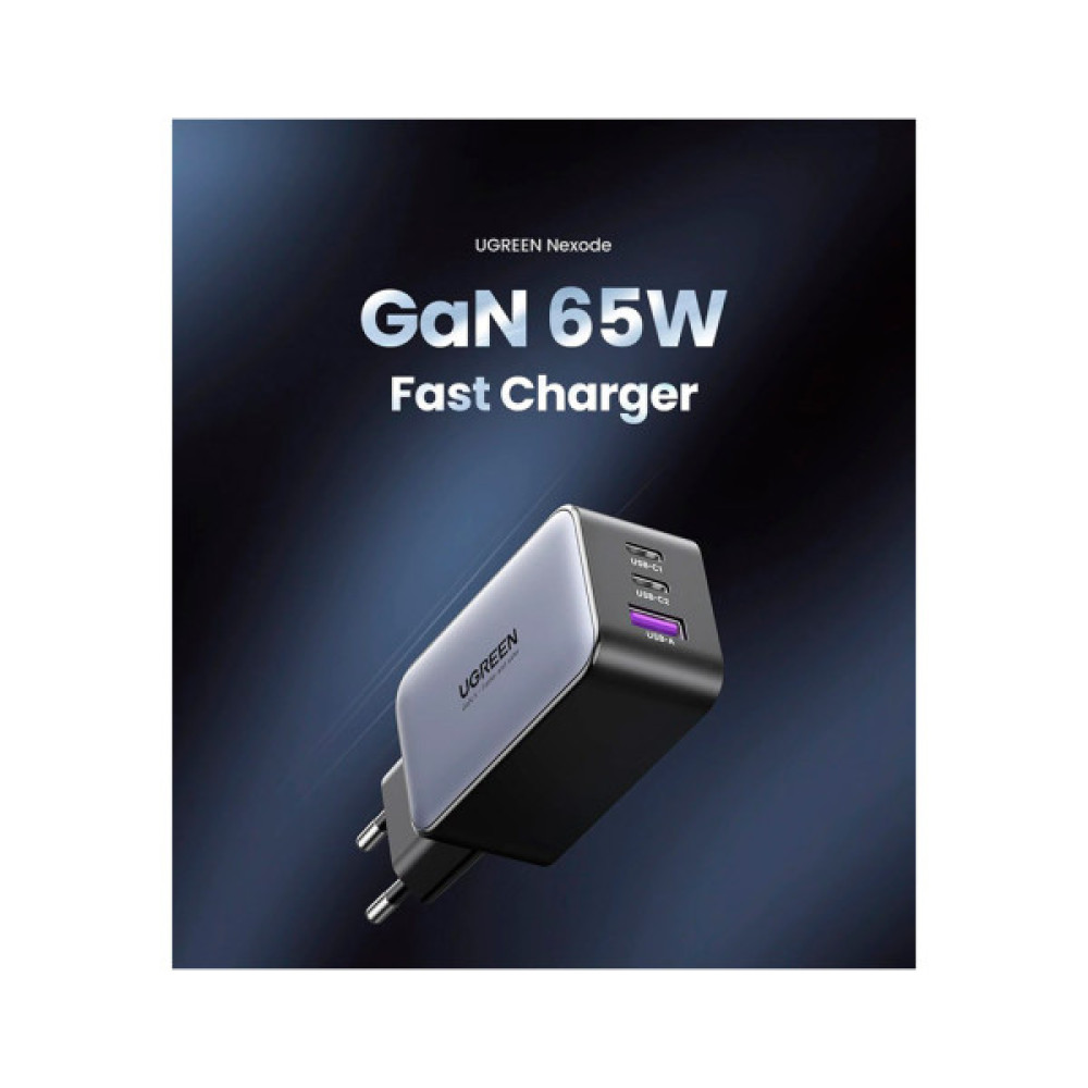 Зарядний пристрій Ugreen 2xUSB-C + 1xUSB 65W GaN gray (10335)