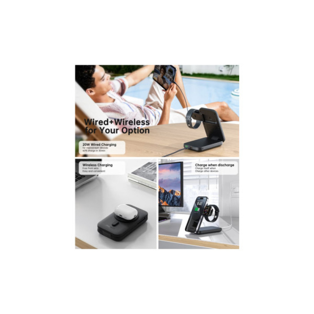 Батарея універсальна Choetech Magnetic Wireless 10000mAh 20W, PD, Qi-2 15W, USB-C, Lightning, Apple Watch charger (B750-CCBK)