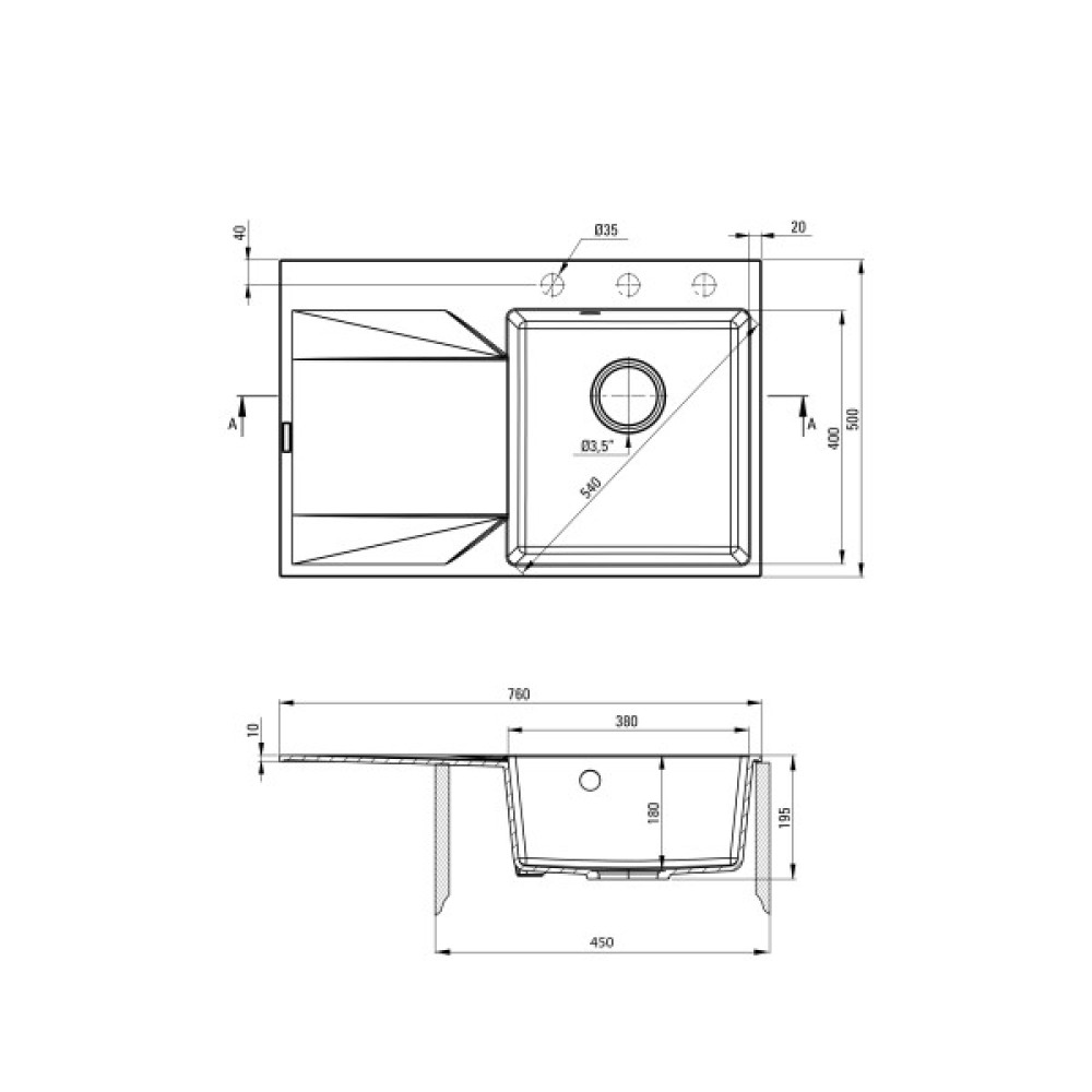 Мийка кухонна Deante Evora, граніт, прямокутна, з крилом, 760х500х195мм, чаша - 1, врізна, графіт