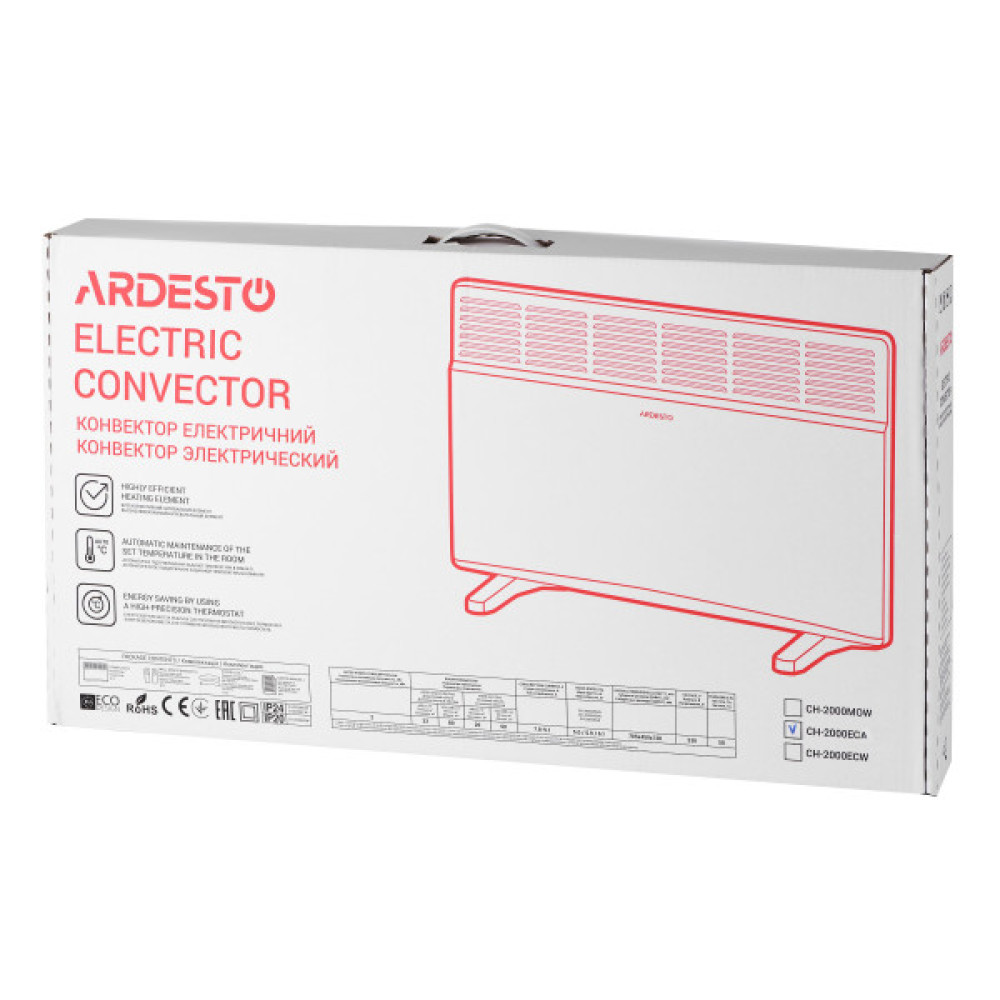 Конвектор електричний ARDESTO СН-2000ECA, 2000 Вт, 20 м2, закритий нагрів. елемент, LED-дисплей, IP24, електронне керування, тижневий програматор, антрацит матовий