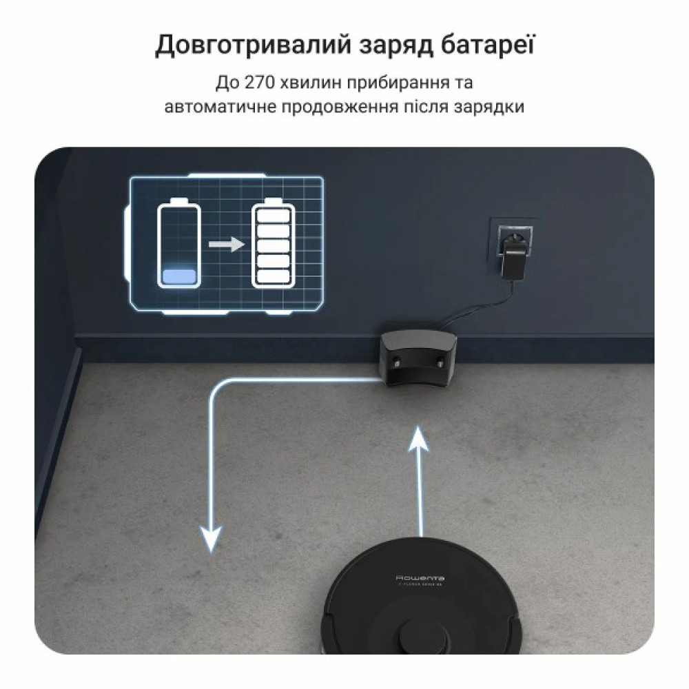 Робот-пилосос Rowenta миючий X-Plorer Serie 85, 6000ПаВт, h=9.7см, 0.26л, конт пил -0.29л, автон. робота до 270хв, чорний