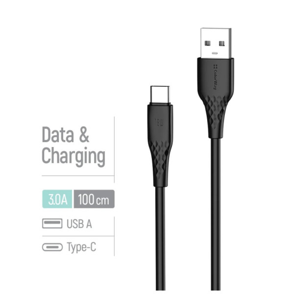 Дата кабель USB 2.0 AM to USB-C 1.0m 3A textured PVC black ColorWay (CW-CBUC094-BK)