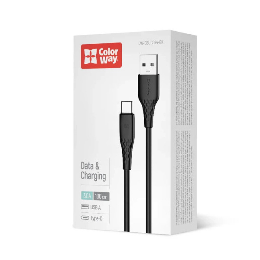 Дата кабель USB 2.0 AM to USB-C 1.0m 3A textured PVC black ColorWay (CW-CBUC094-BK)