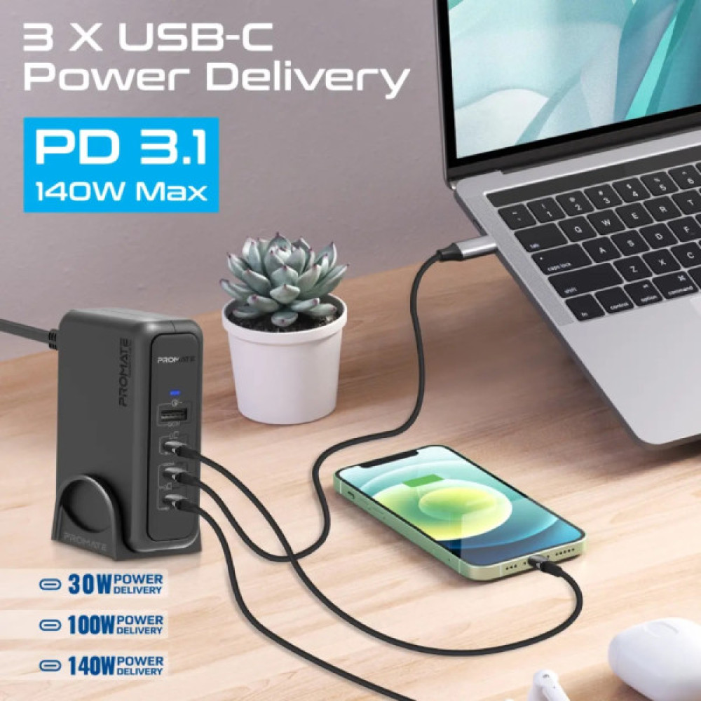 Зарядний пристрій Promate 3xUSB-C + USB-A (ganport-140w.black)