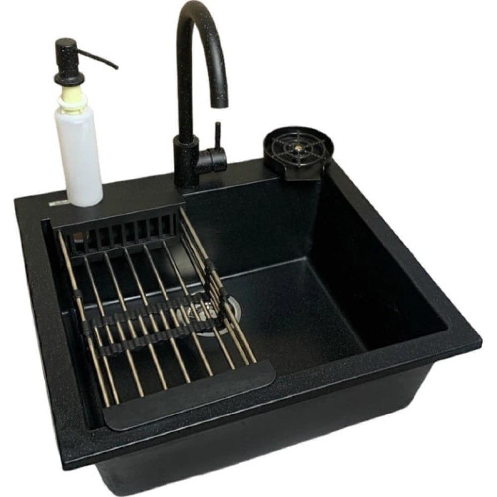 Набір кухонний Adamant Univer, штучний камінь, квадрат, без крила, 560х500х200мм, чаша - 1, врізна, чорний + змішувач + дозатор + ополіскувач склянок + коландер