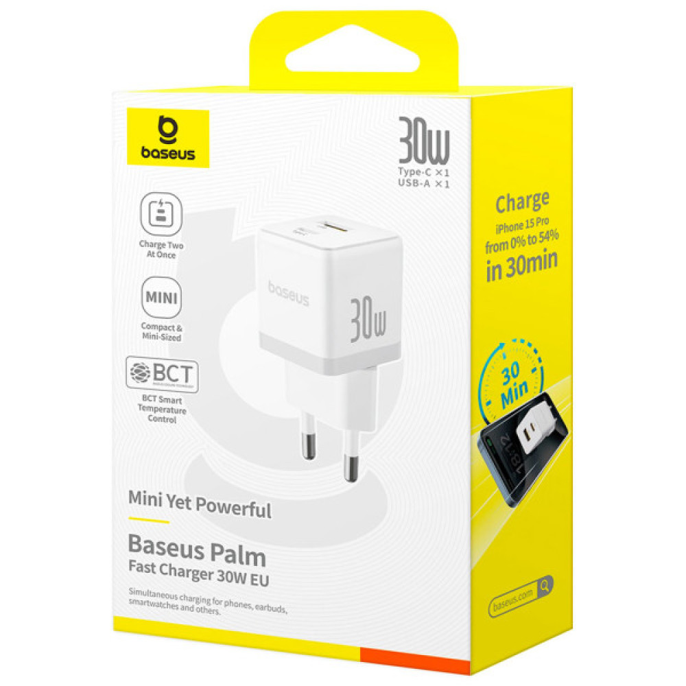Зарядний пристрій Baseus 1xUSB-C 30W + 1xUSB white (P1011160A213-00)