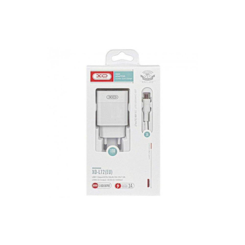 Зарядний пристрій XO USB L72 (3A, QC3.0, 3 Usb) + cable Micro USB White (XO-L72-BK)