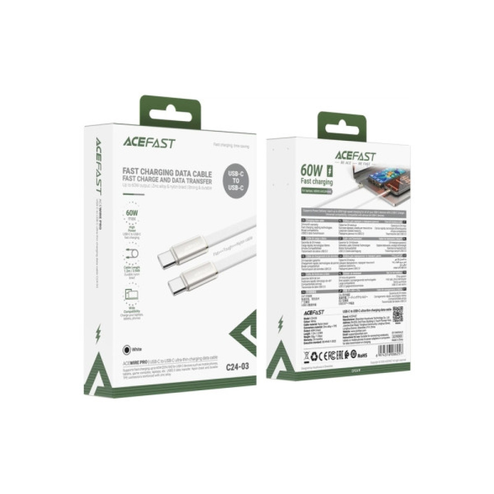 Дата кабель USB-C to USB-C 1.2m 60W 3A nylon white Acefast (6974316286257)