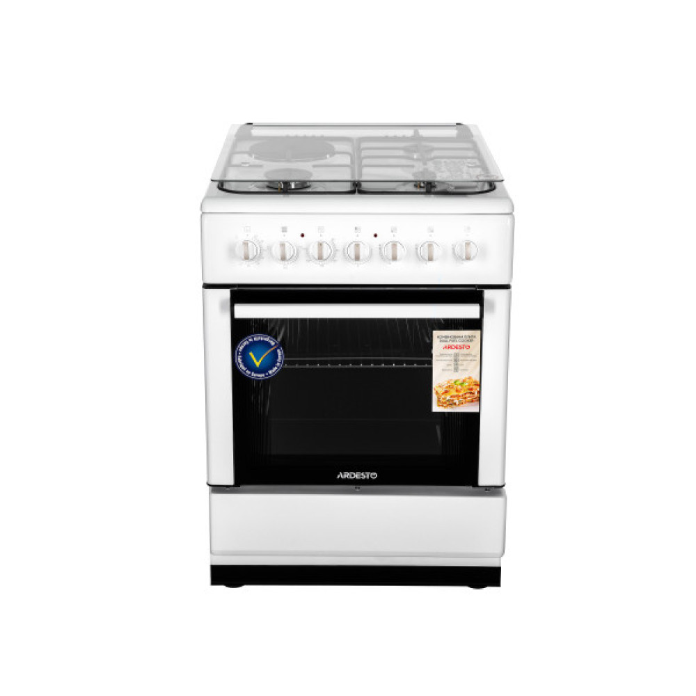 Плита ARDESTO комбі 3 газ + 1 електро, 64л, 60x60см, підсвічування, форсунки LPG (підключення газового балона), знімні направляючі, білий