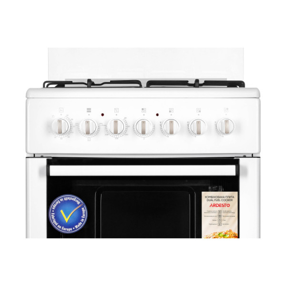 Плита ARDESTO комбі 3 газ + 1 електро, 64л, 60x60см, підсвічування, форсунки LPG (підключення газового балона), знімні направляючі, білий