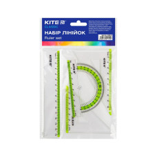 Лінійка Kite набір: лінійка 15 см, 2 косинця, транспортир (салатова смуга) (K-280-09)