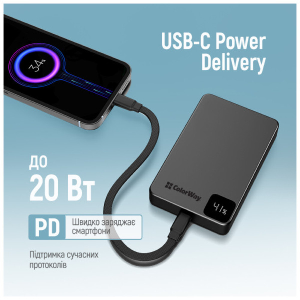 Батарея універсальна ColorWay 10 000 mAh PD/22.5W, 15W MagSafe Black (CW-PB100LPA1BK-WPDD)