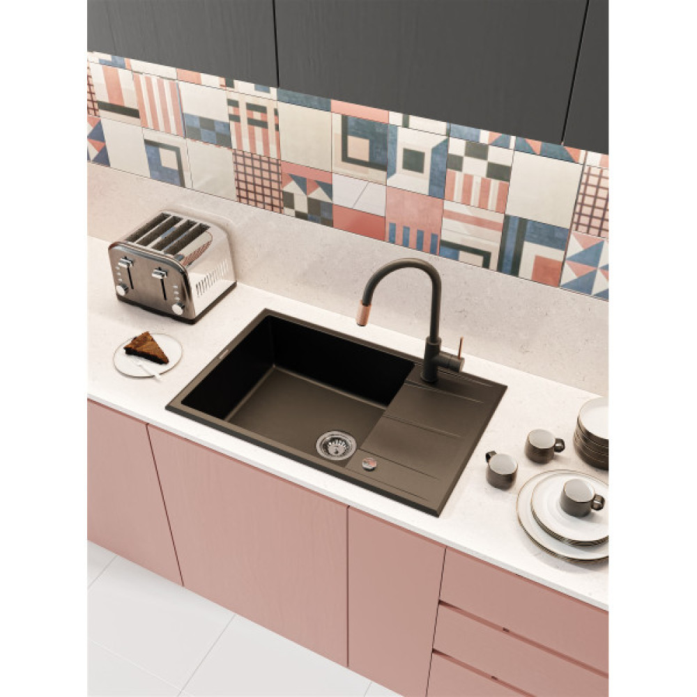 Мийка кухонна Deante Eridan, граніт, прямокут., з крилом, 780х500х210мм, чаша - 1, накладна, чорний