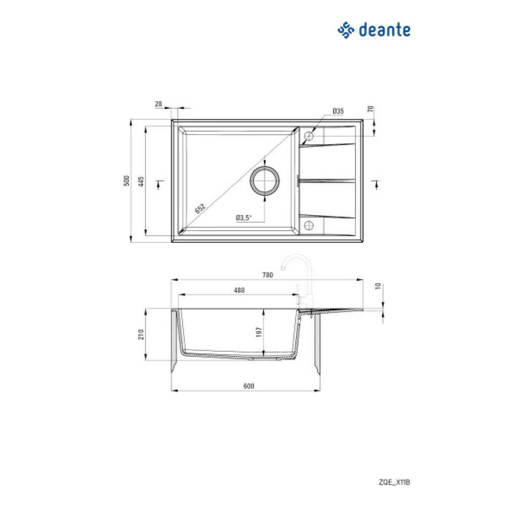 Мийка кухонна Deante Eridan, граніт, прямокут., з крилом, 780х500х210мм, чаша - 1, накладна, чорний