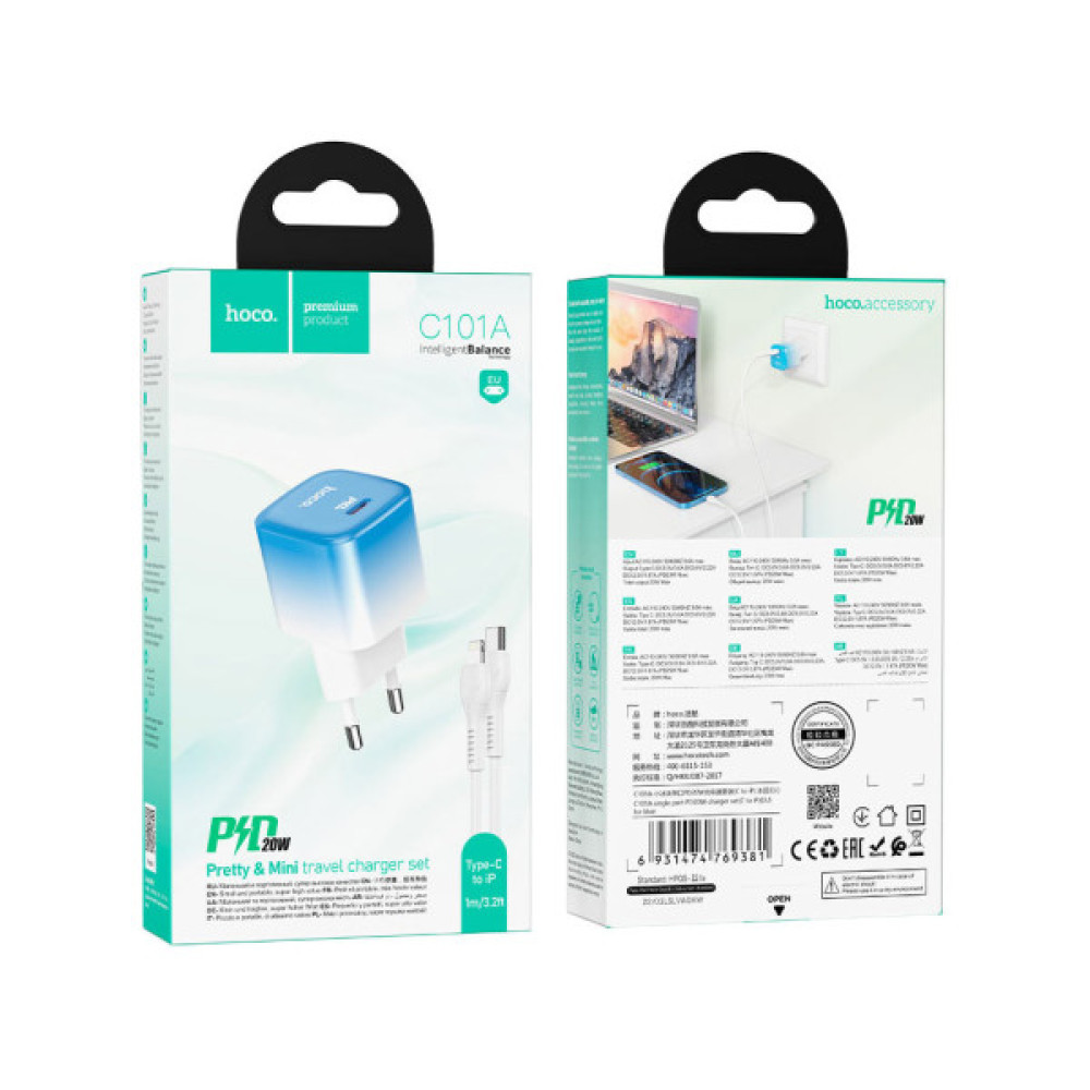 Зарядний пристрій HOCO C101A USB-C PD20W + cable USB-C to Lightning Ice Blue (6931474769381)