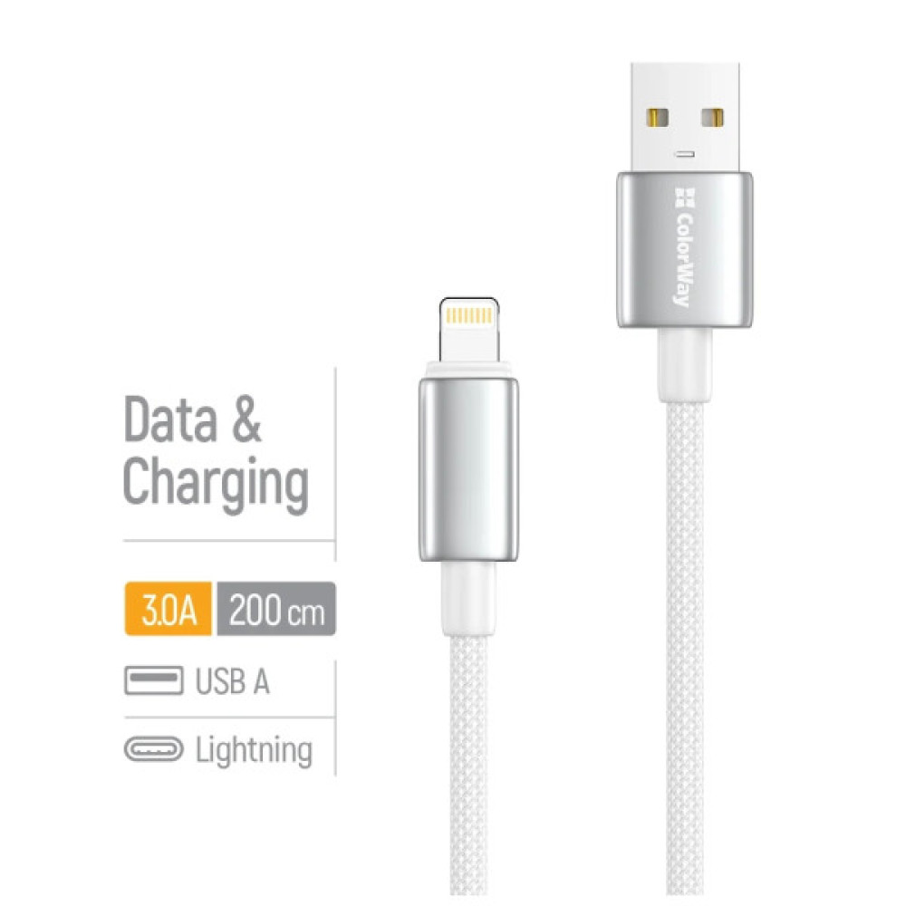 Дата кабель USB 2.0 AM to Lightning 2.0m 3A zinc alloy braided white ColorWay (CW-CBUL099-WT)