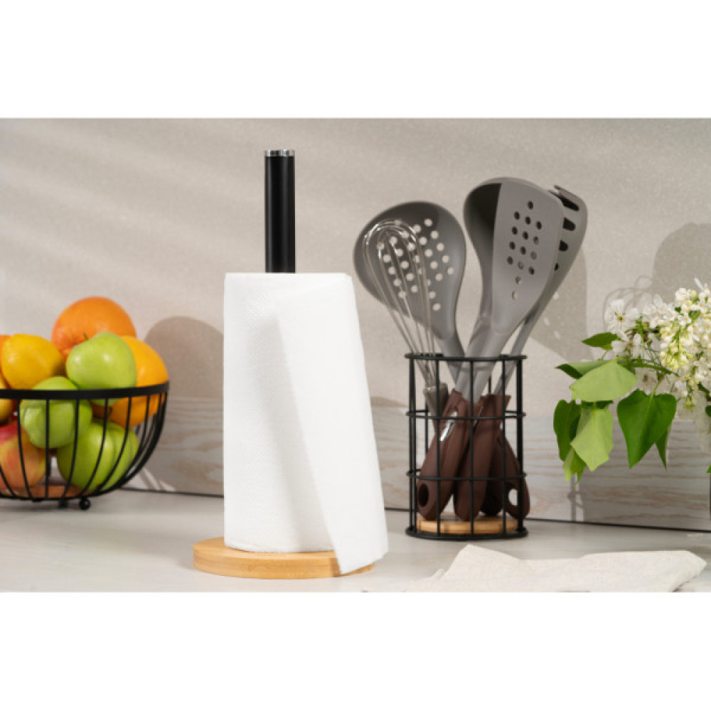 Тримач паперових рушників Ardesto Midori 15х34см, метал, бамбук, чорний (AR0913BB)