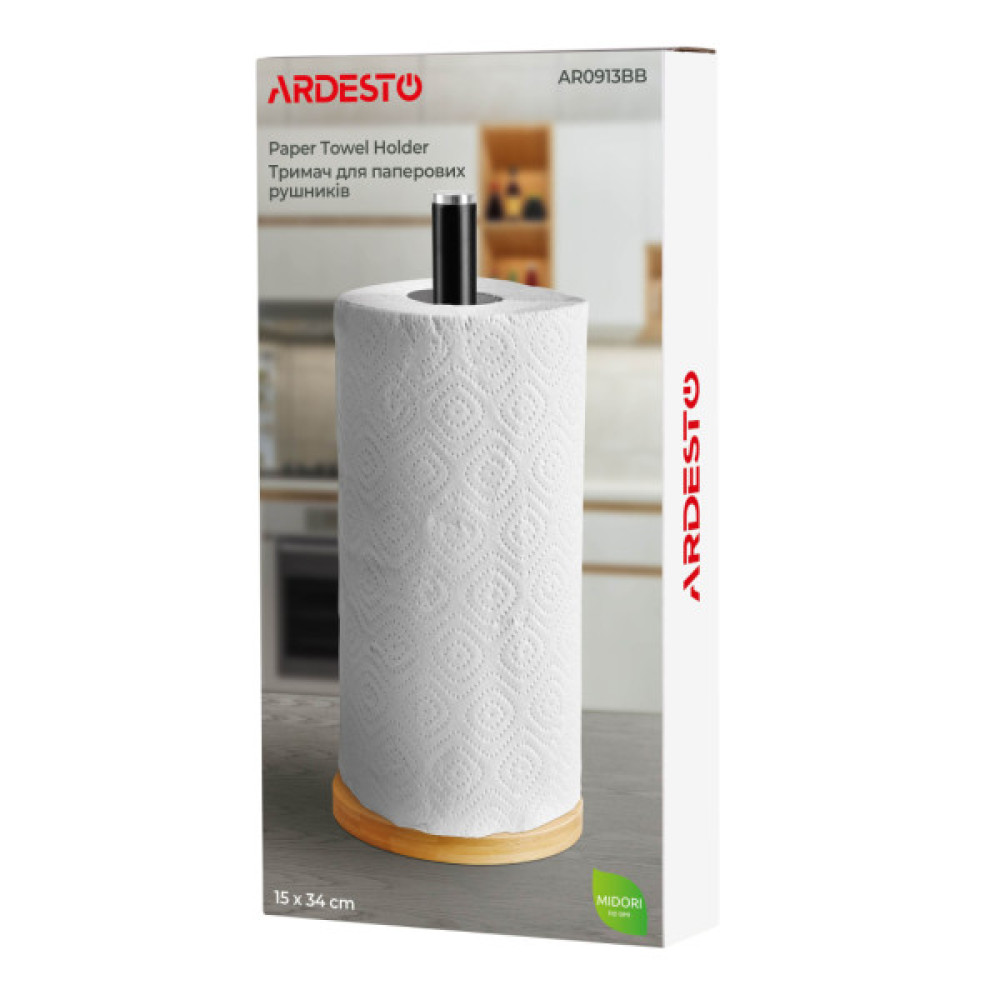 Тримач паперових рушників Ardesto Midori 15х34см, метал, бамбук, чорний (AR0913BB)
