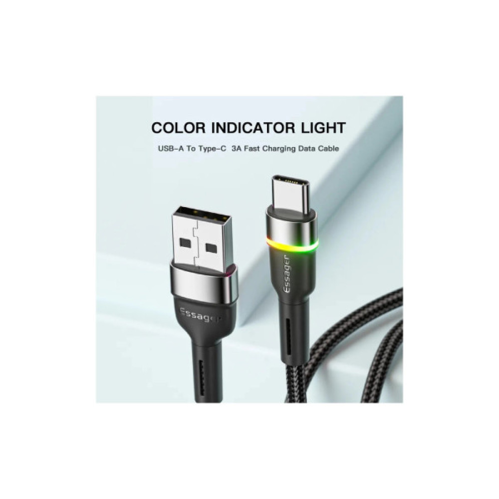 Дата кабель USB 2.0 AM to USB-C 0.5m 3A LED black Essager (EXCT-XCDB01)