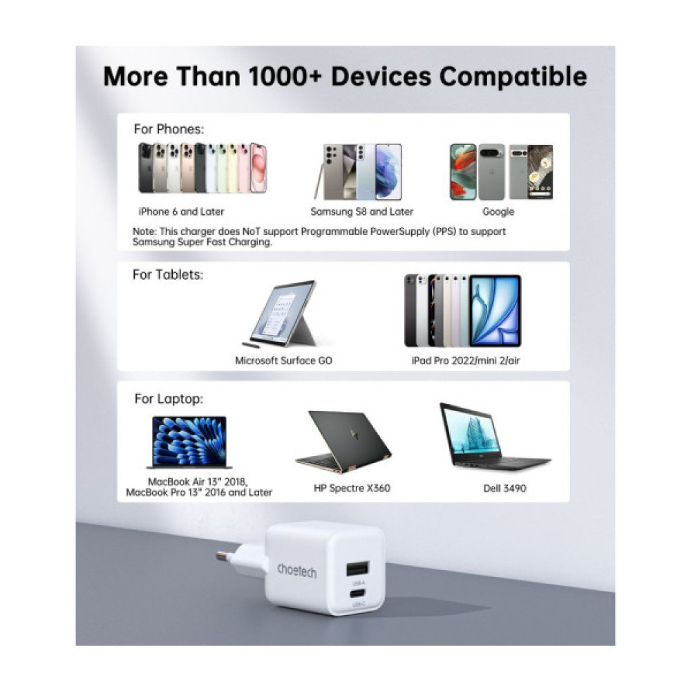 Зарядний пристрій Choetech 1xUSB-C PD30W PPS + 1xUSB QC3.0 (PD5012-EU-WH)