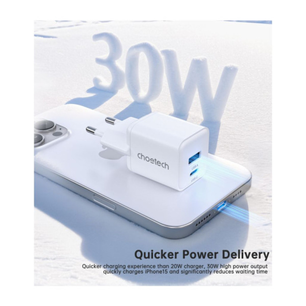 Зарядний пристрій Choetech 1xUSB-C PD30W PPS + 1xUSB QC3.0 (PD5012-EU-WH)