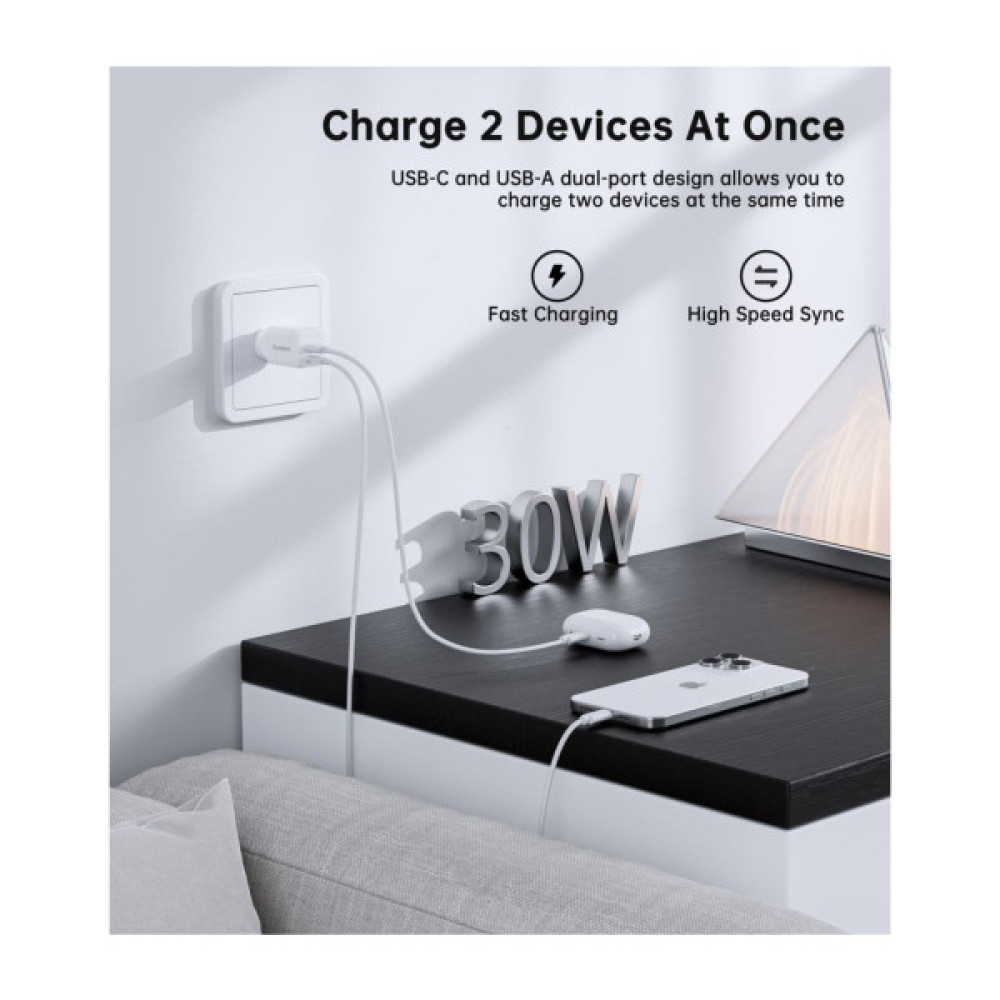 Зарядний пристрій Choetech 1xUSB-C PD30W PPS + 1xUSB QC3.0 (PD5012-EU-WH)