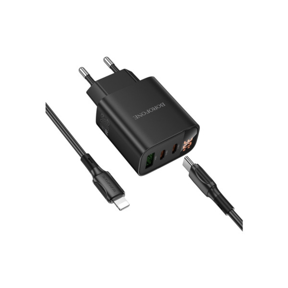 Зарядний пристрій BOROFONE BA98A Ilustre 2xUSB-C + 1xUSB-A PD30W digital display + cable USB-C to Lightning Black (6941991120527)