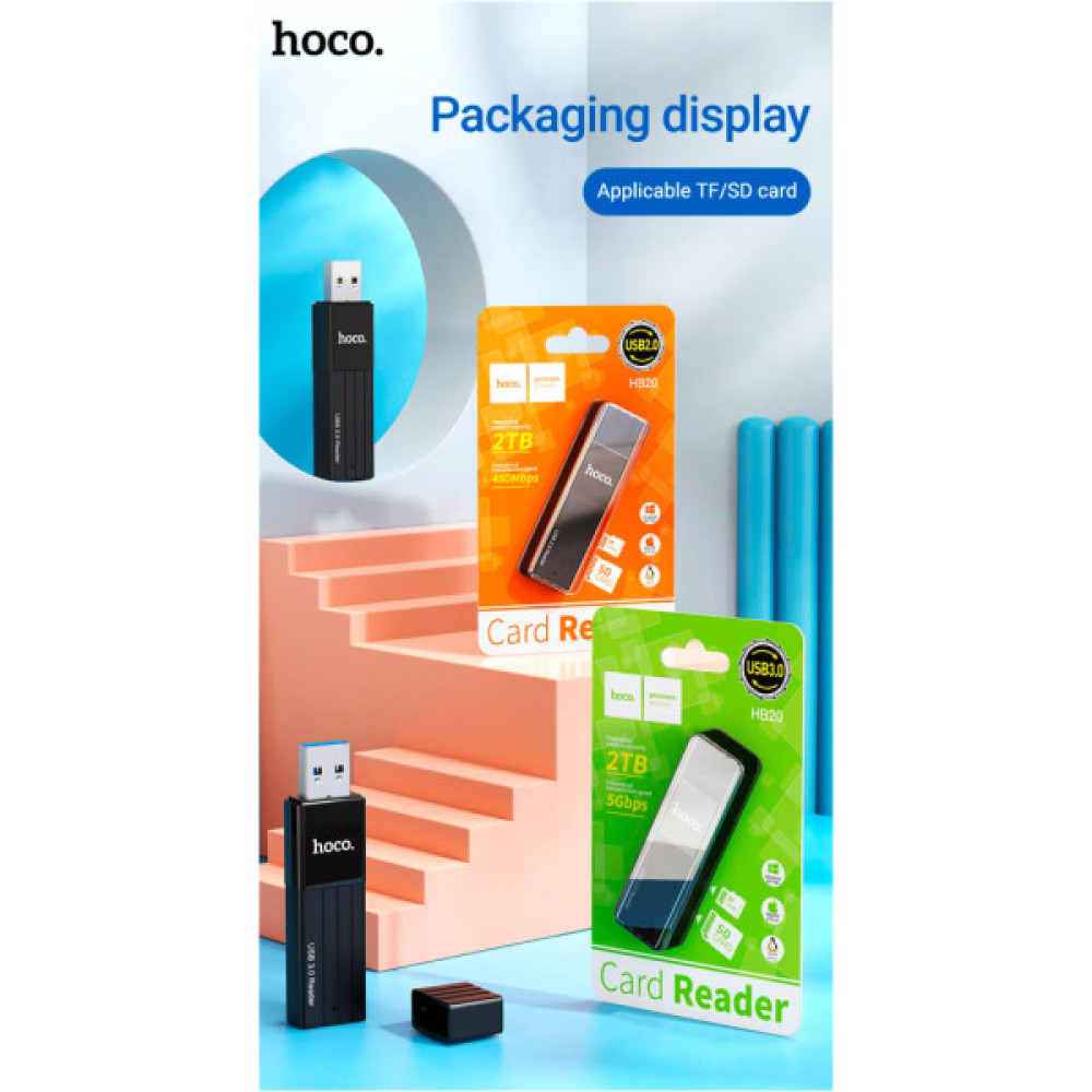 Зчитувач флеш-карт HOCO USB3.0 to microSD, microSDHC, microSDXC, SD, SDHC, SDXC, HB20 Black (6931474735218)