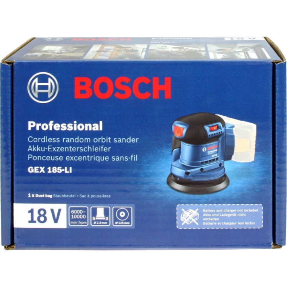 Шліфмашина ексцентрикова акумуляторна Bosch Professional GEX 185-LI 18В 125мм 6000-10000об·хв 0.93кг без АКБ та ЗП