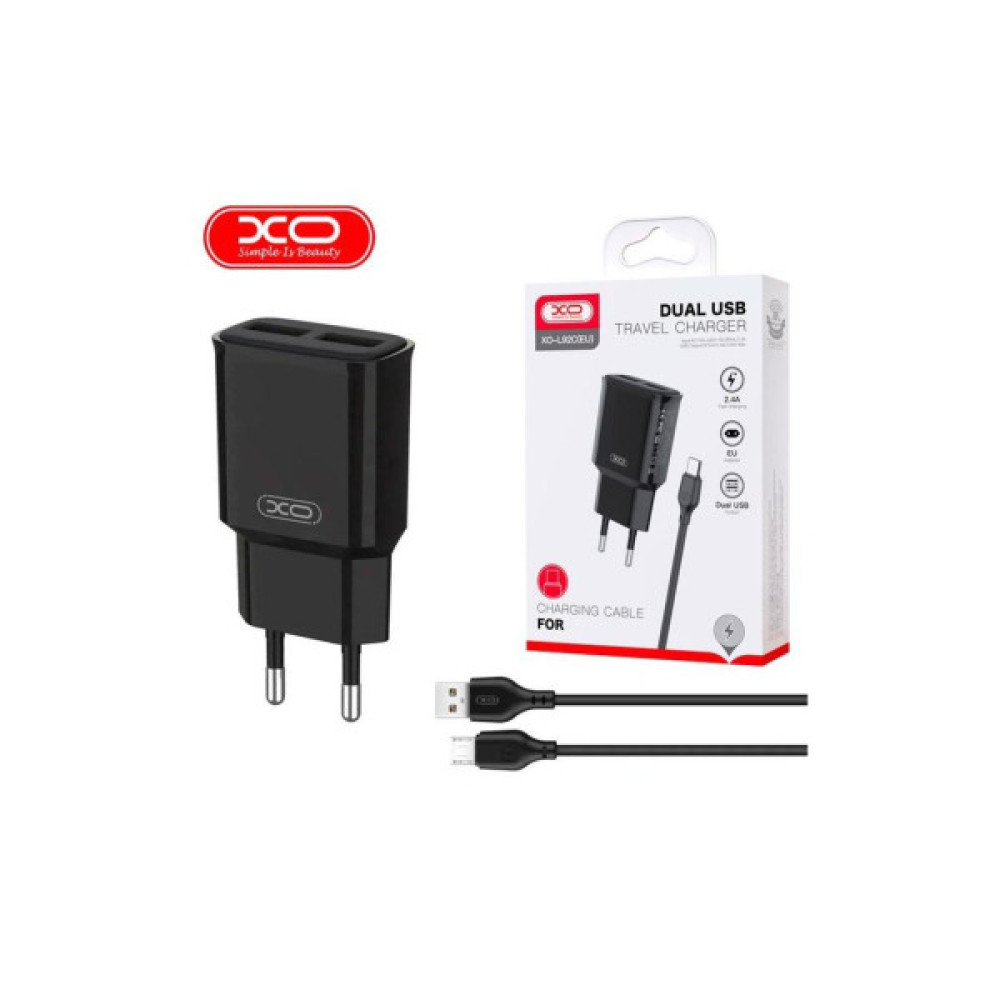 Зарядний пристрій XO L92C (2USB/2.4A) + USB - MicroUSB Чорний (XO-L92C-M)