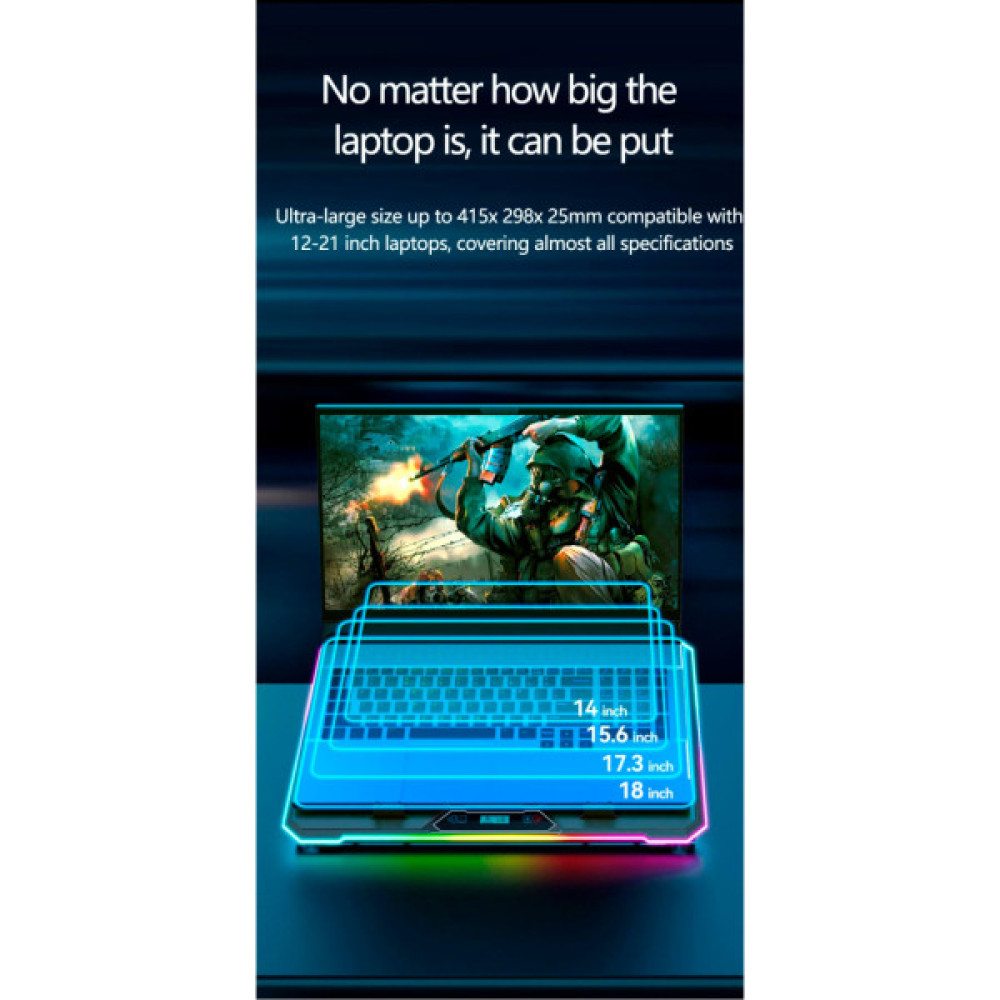 Підставка до ноутбука IceCoorel 10-19", 15*60mm 2550 RPM, 2*USB, + LCD, 415x296x28mm, RGB (K15D)