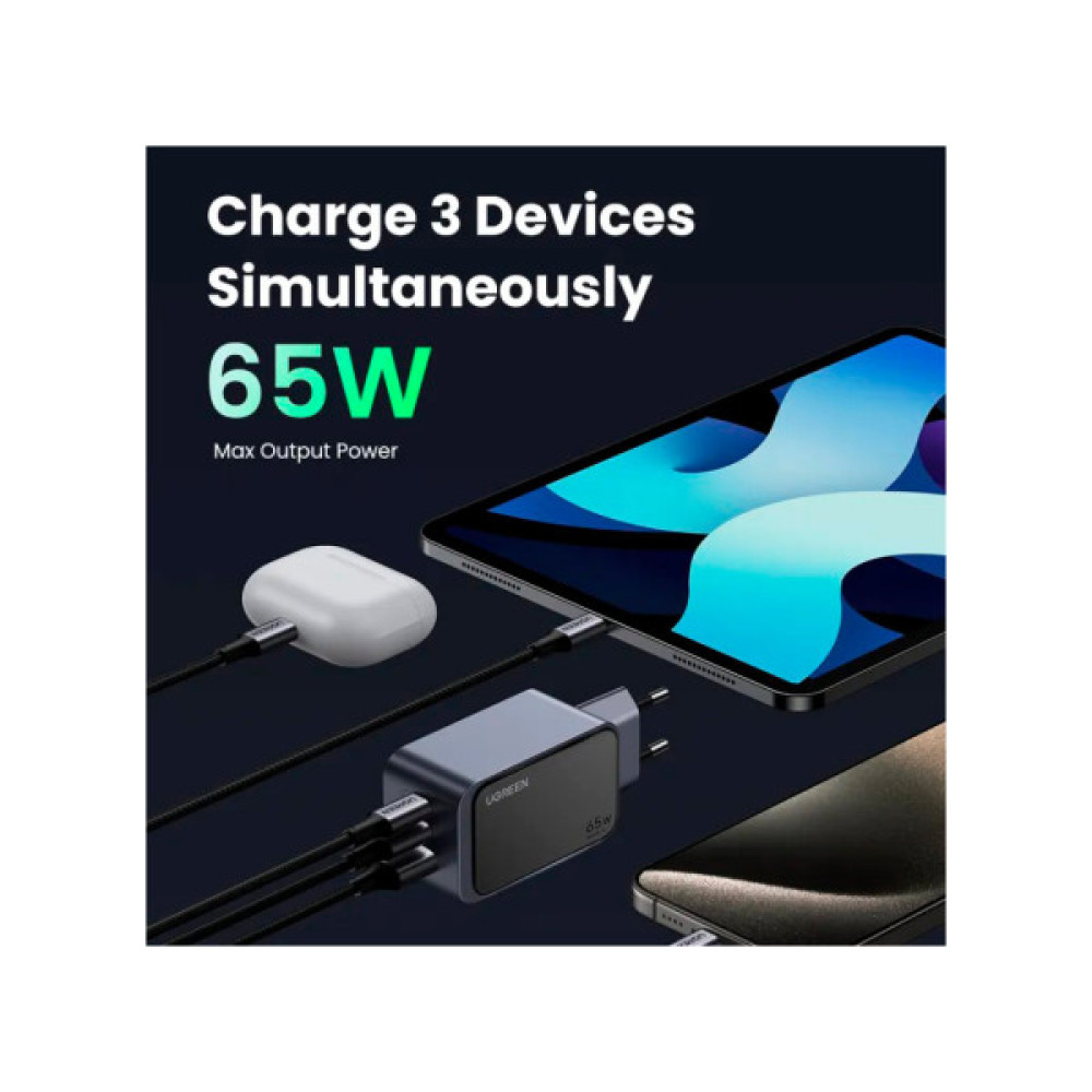Зарядний пристрій Ugreen 3xUSB 65W (2xUSB-C+USB-A) Gan Nexode Fast Charger Grey X553 (35042)