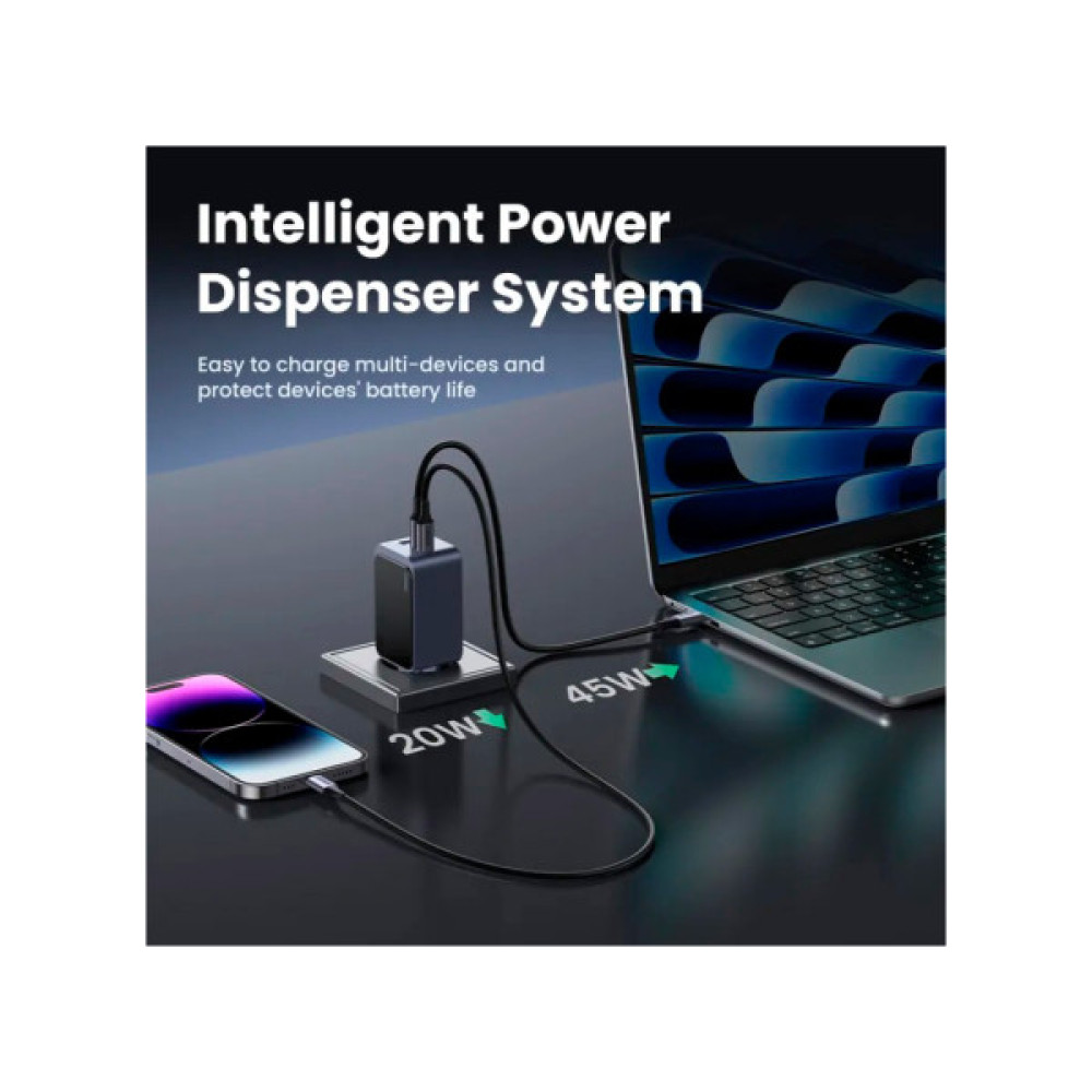 Зарядний пристрій Ugreen 3xUSB 65W (2xUSB-C+USB-A) Gan Nexode Fast Charger Grey X553 (35042)