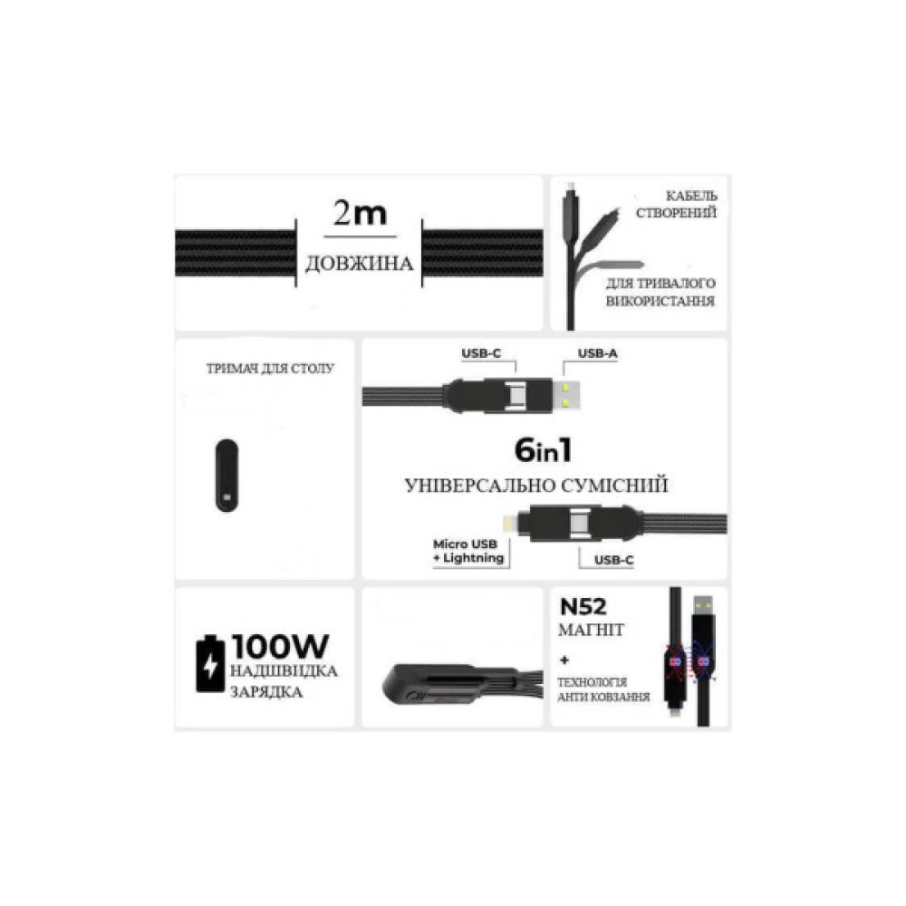 Дата кабель 6in1 inCharge XL 2.0m black Rolling Square (XLM01R)