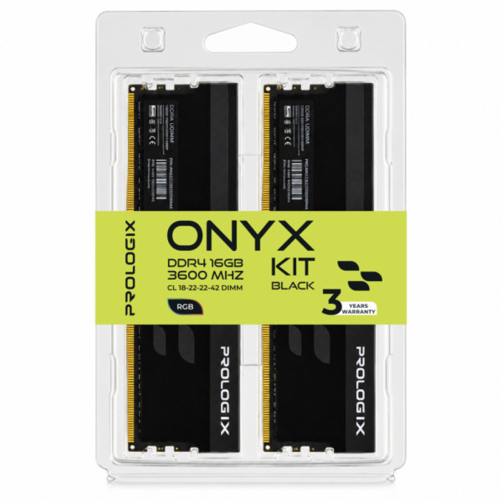 Модуль пам'яті для комп'ютера DDR4 16GB (2x8GB) 3600 MHz Onyx Black RGB Prologix (PRO16GB3600YBR4K)